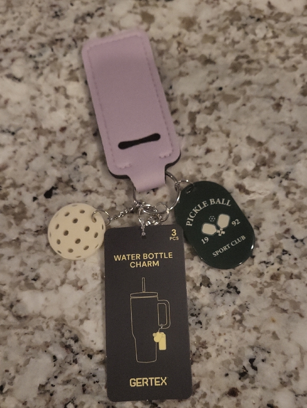 Purple Water Bottle Charm Keychain with Pickleball andl Sport Club 1996.